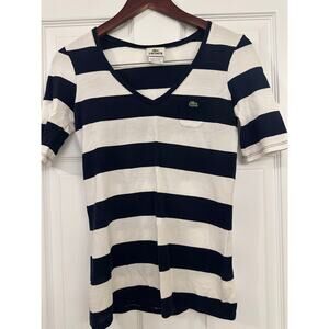 Lacoste V-Neck Short Sleeve Tee Navy/White Stripe Sz 38 / US Small